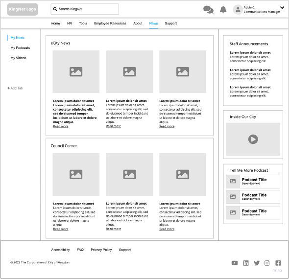 City of Kingston intranet wireframe figma news page