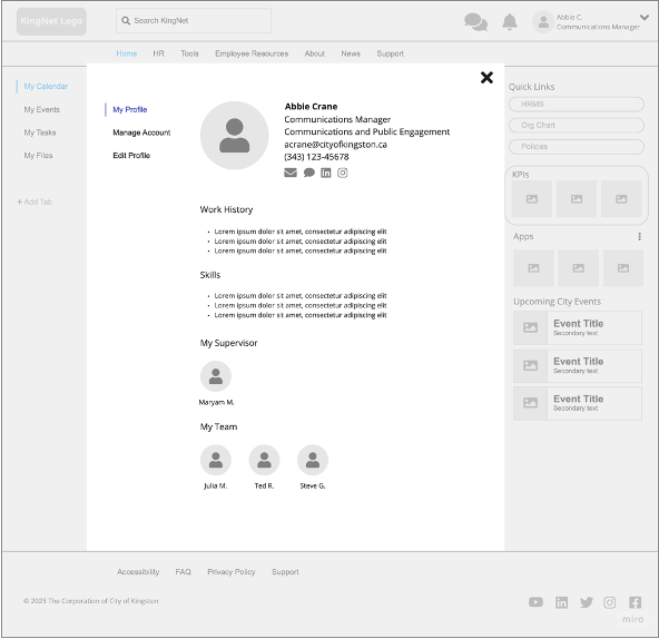 City of Kingston intranet wireframe figma news page my profile page