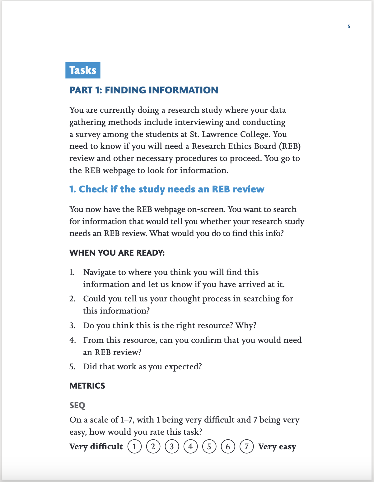 St. Lawrence College Research Ethics Board User Testing Script Part 1 Task 1 with Metrics